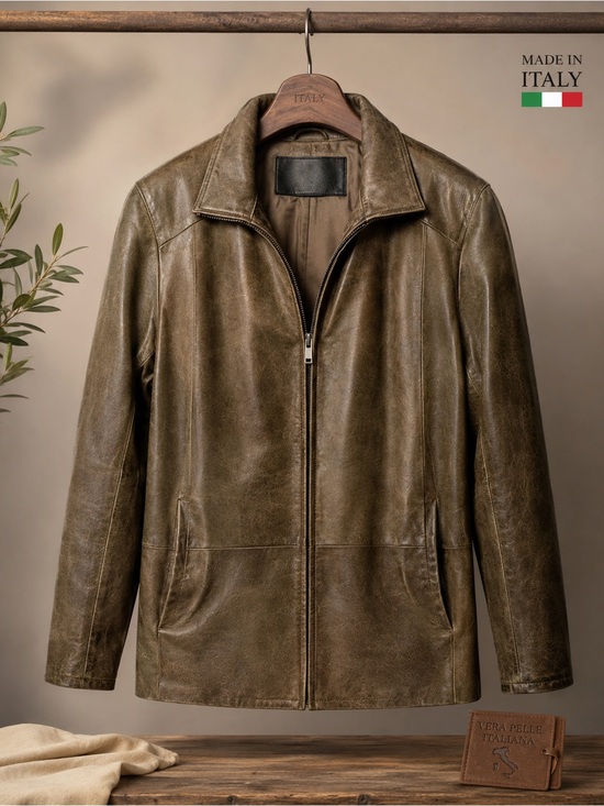 Bison Other - Bison Italian Leather Jacket Khaki Brown Size 52 XL Made in Italy Vintage